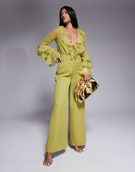 Long Sleeve Ruffle Jumpsuit With Tie Detail