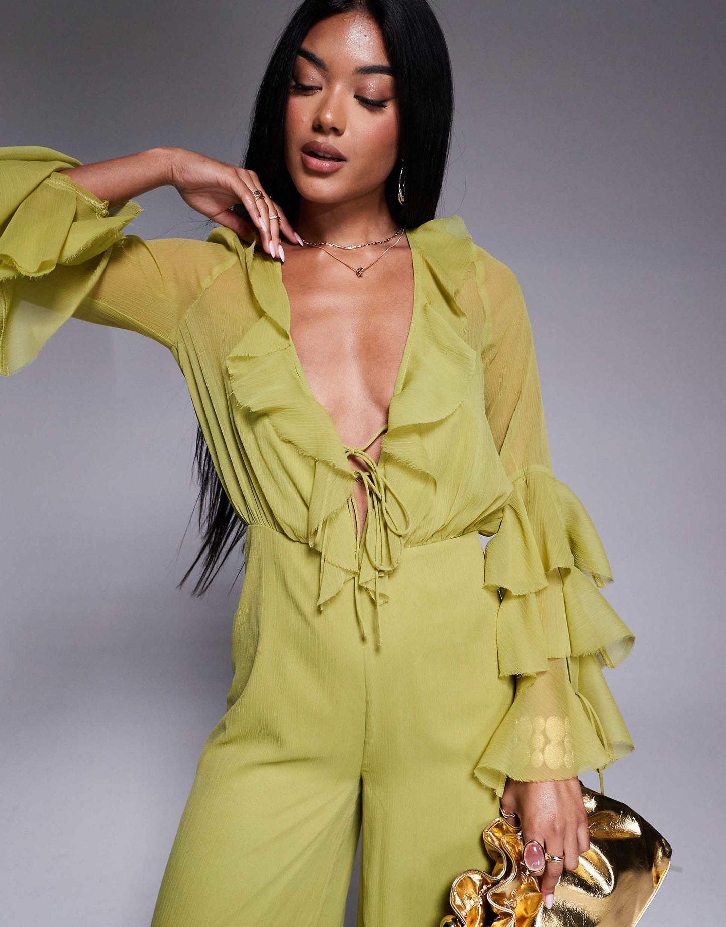 Long Sleeve Ruffle Jumpsuit With Tie Detail