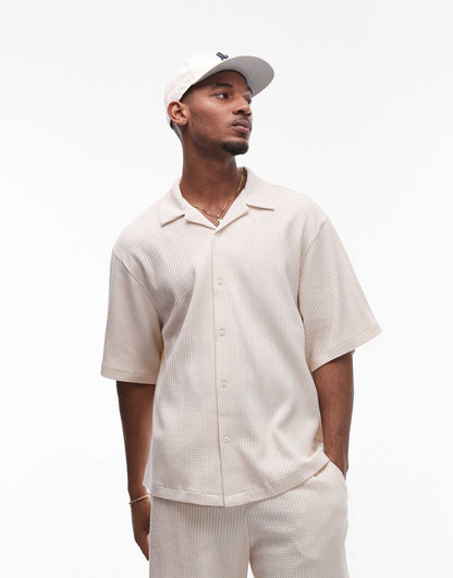 Oversized Fit Waffle Button Through Jersey Shirt
