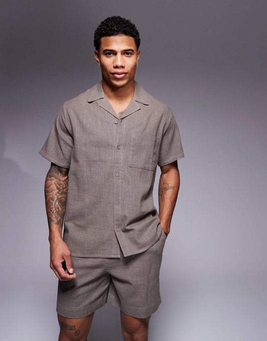 Textured Short Sleeve Beach Shirt Co-Ord