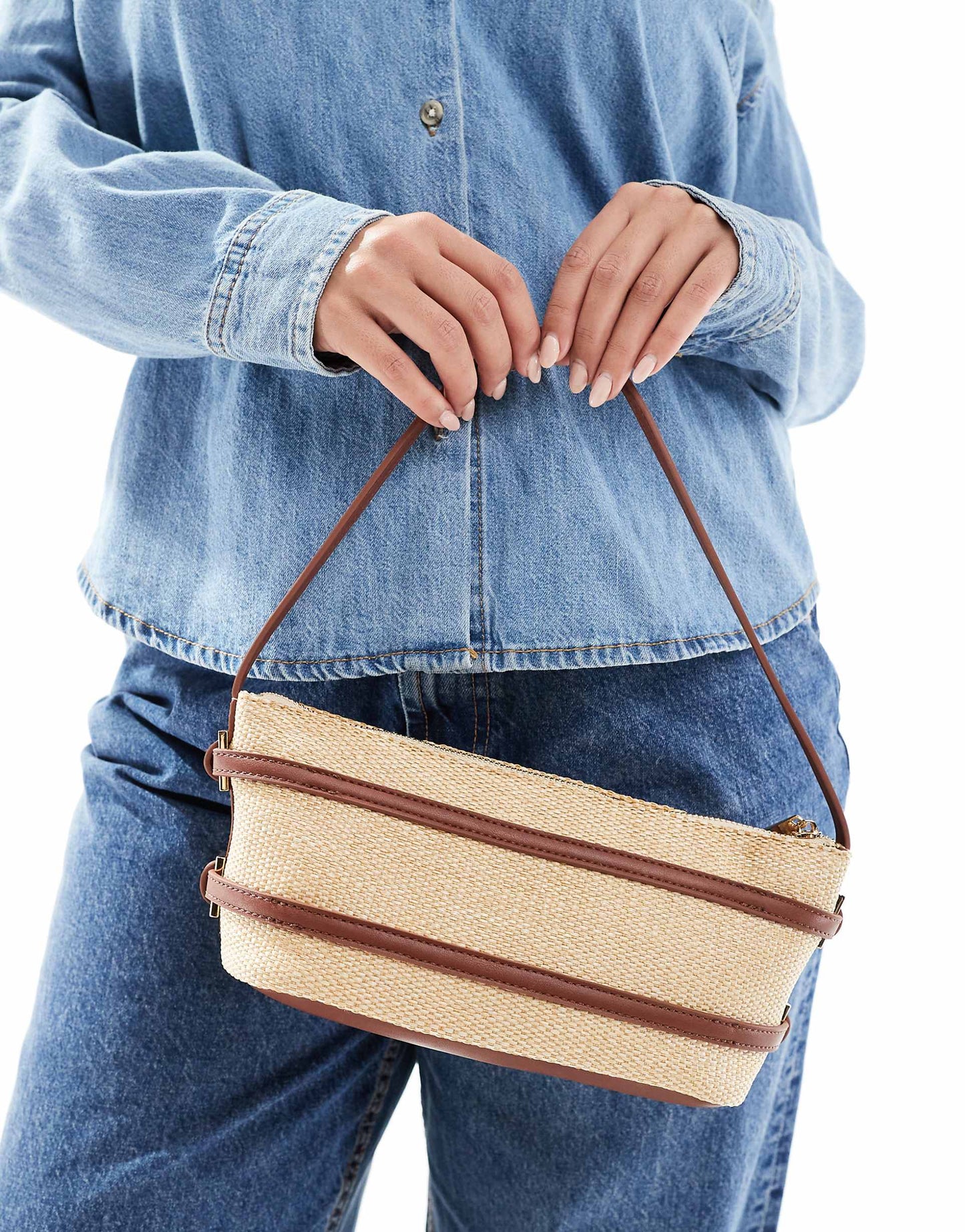 Straw Shoulder Bag With Tan Strapping Detail