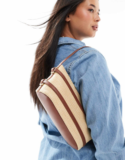 Straw Shoulder Bag With Tan Strapping Detail