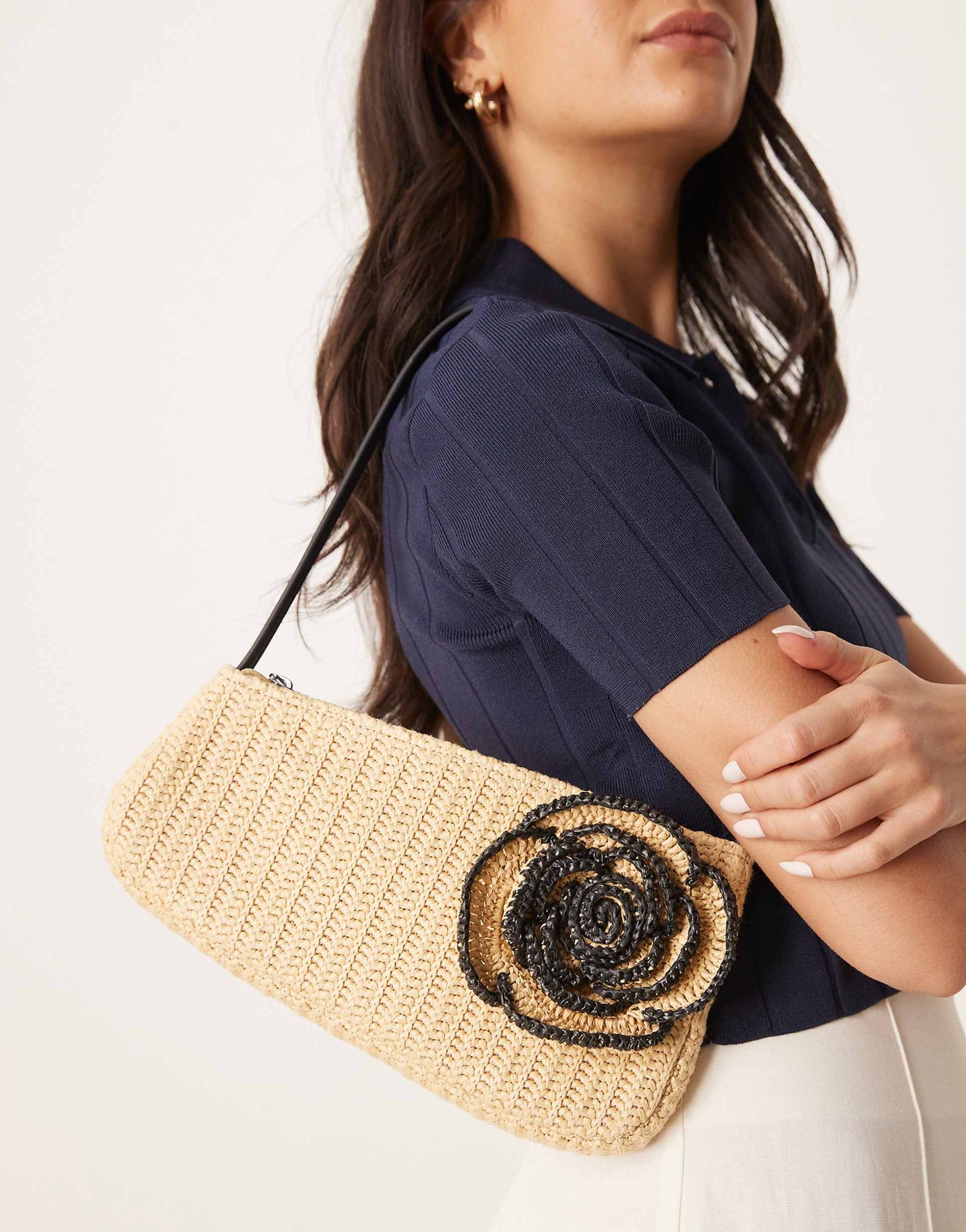 Straw Asymmetric Shoulder Bag With Flower Corsage