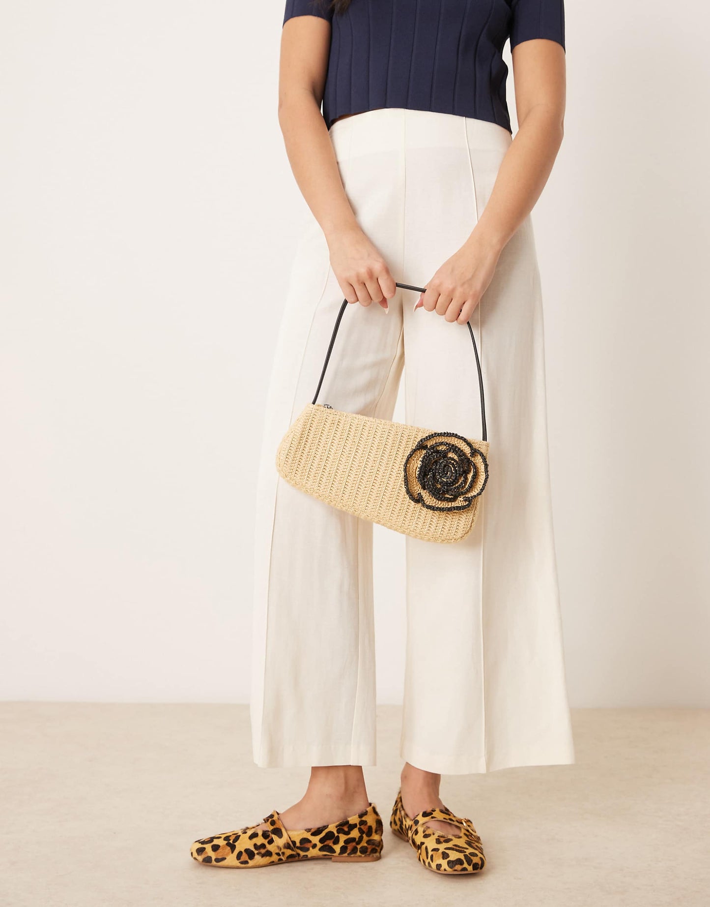 Straw Asymmetric Shoulder Bag With Flower Corsage