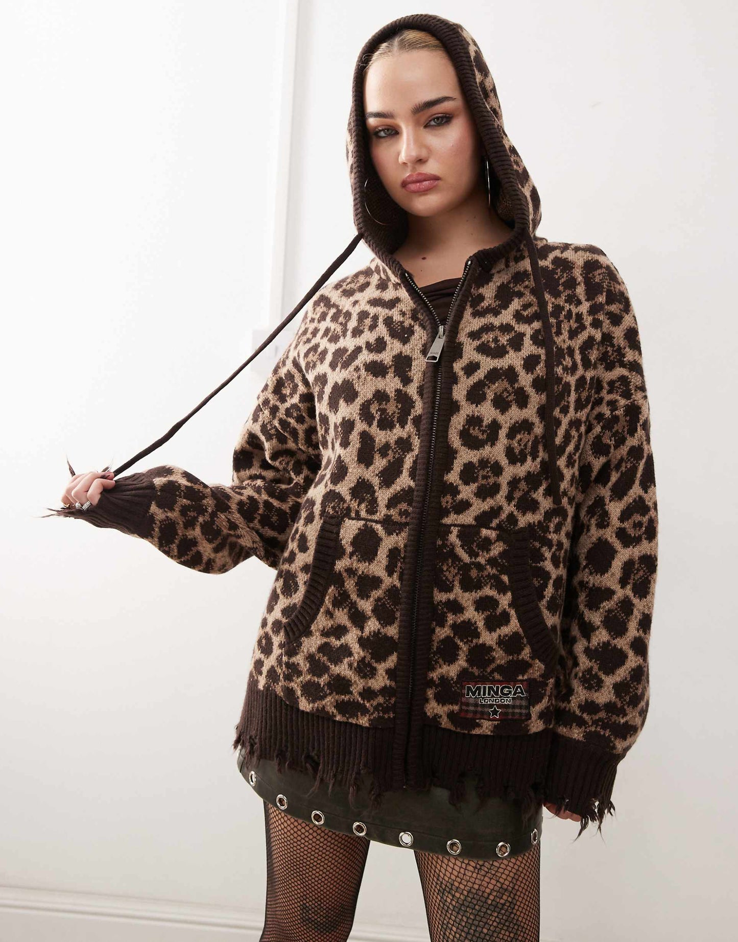 London Distressed Oversized Leopard Print Zip Up Cardigan