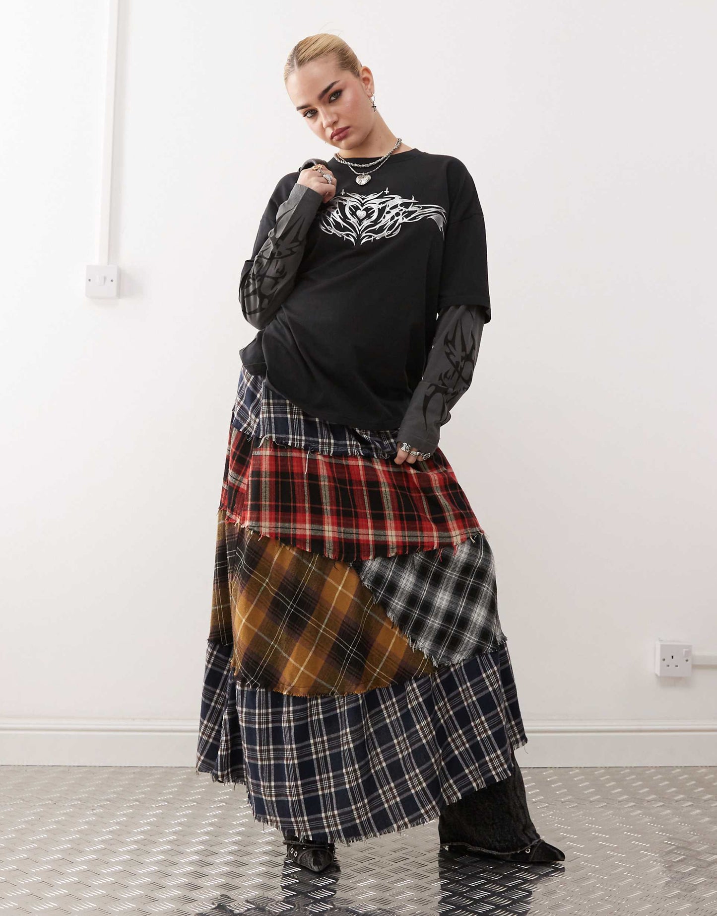 London Plaid Patchwork Asymmetric Maxi Skirt