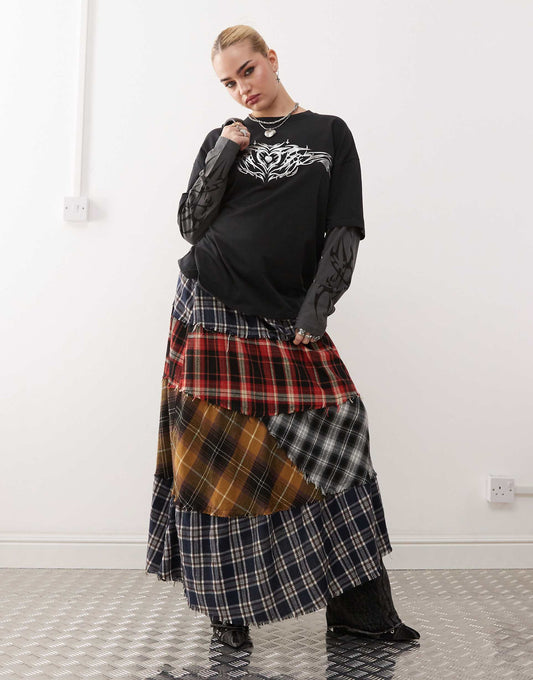London Plaid Patchwork Asymmetric Maxi Skirt
