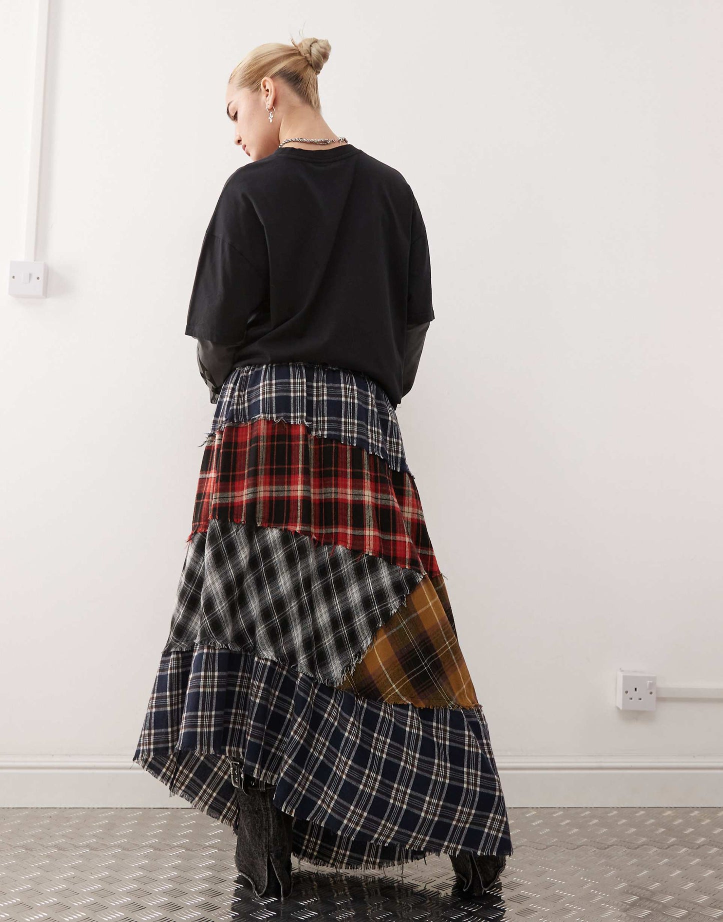 London Plaid Patchwork Asymmetric Maxi Skirt