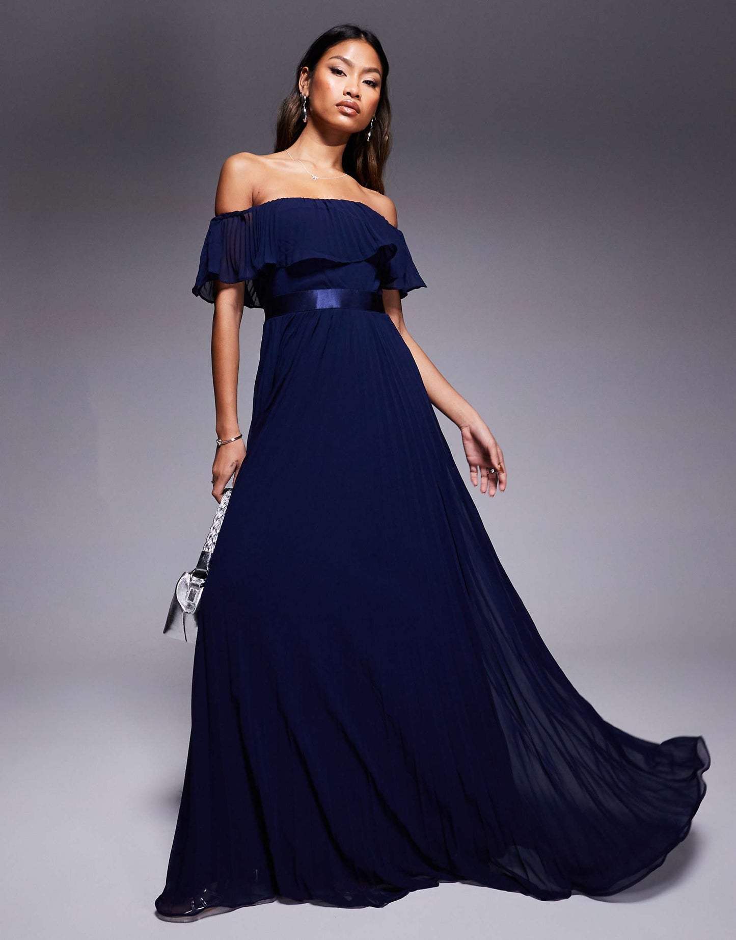 Pleated Chiffon Off Shoulder Maxi Dress