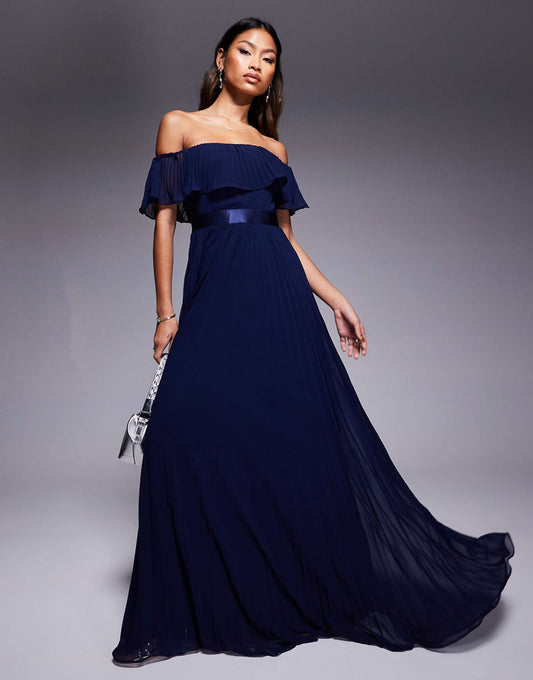 Pleated Chiffon Off Shoulder Maxi Dress