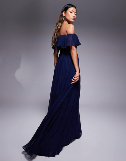 Pleated Chiffon Off Shoulder Maxi Dress