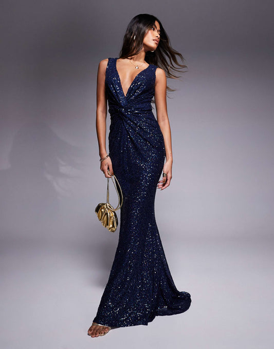 Twisted Front Sequin Maxi Dress