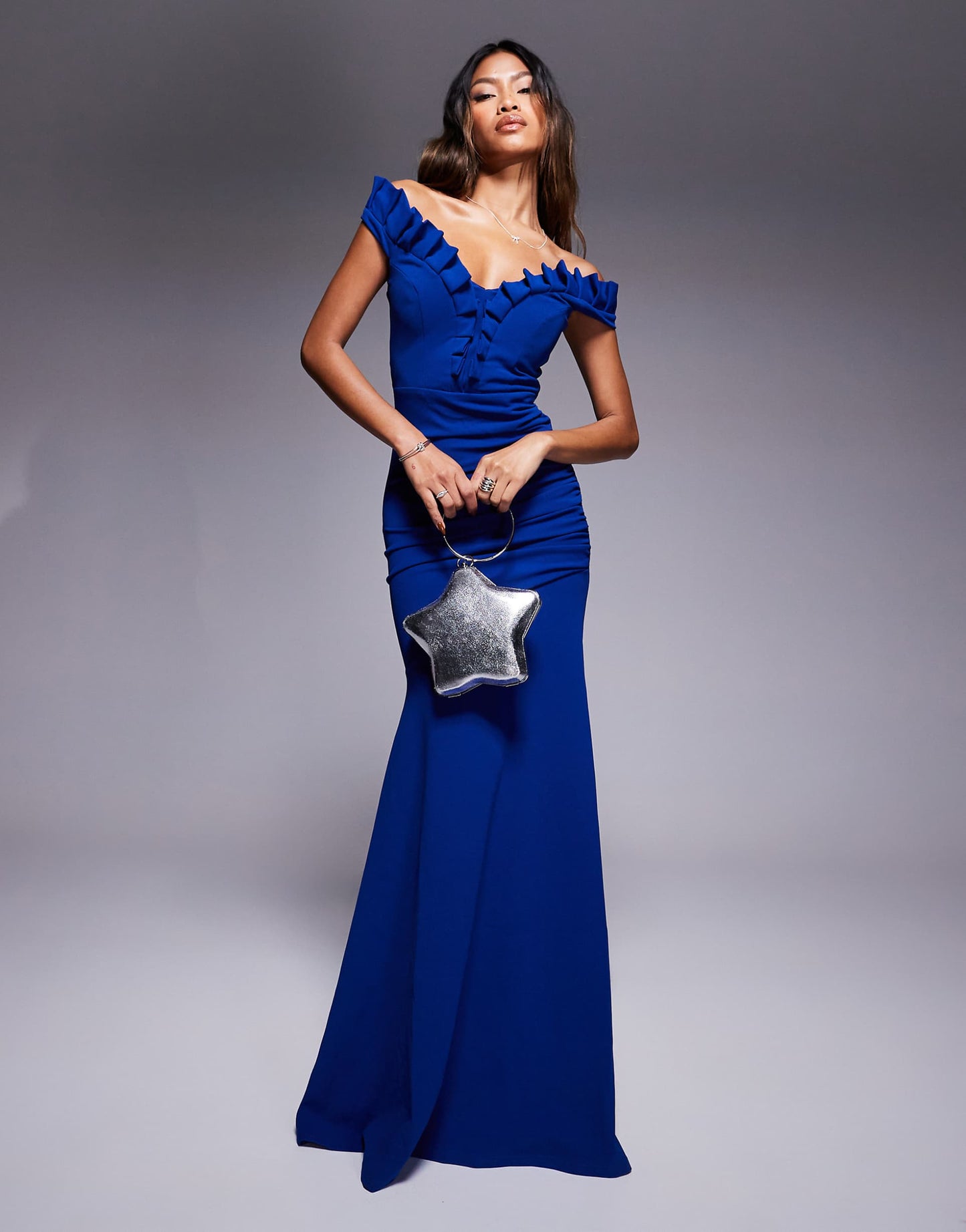 Off The Shoulder Frill Gathered Maxi Dress