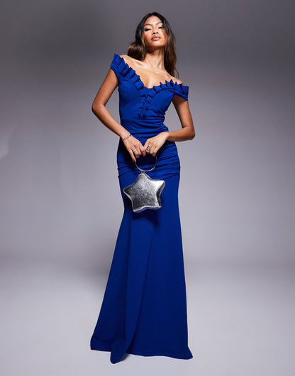 Off The Shoulder Frill Gathered Maxi Dress