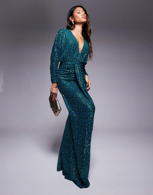 Plunge V Neck Sequin Maxi Dress