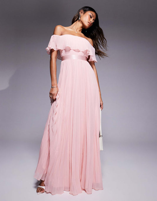 Pleated Chiffon Off Shoulder Maxi Dress