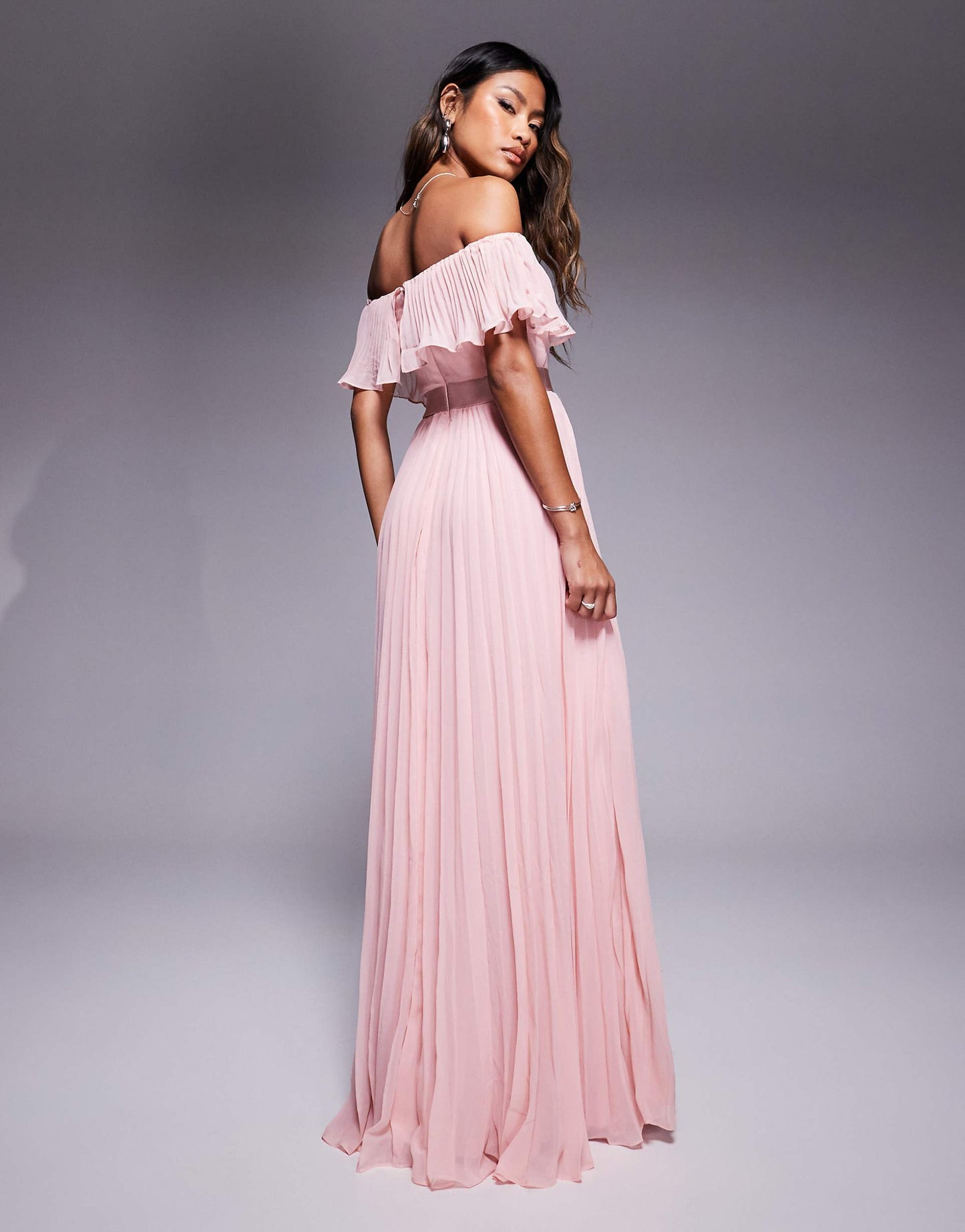 Pleated Chiffon Off Shoulder Maxi Dress