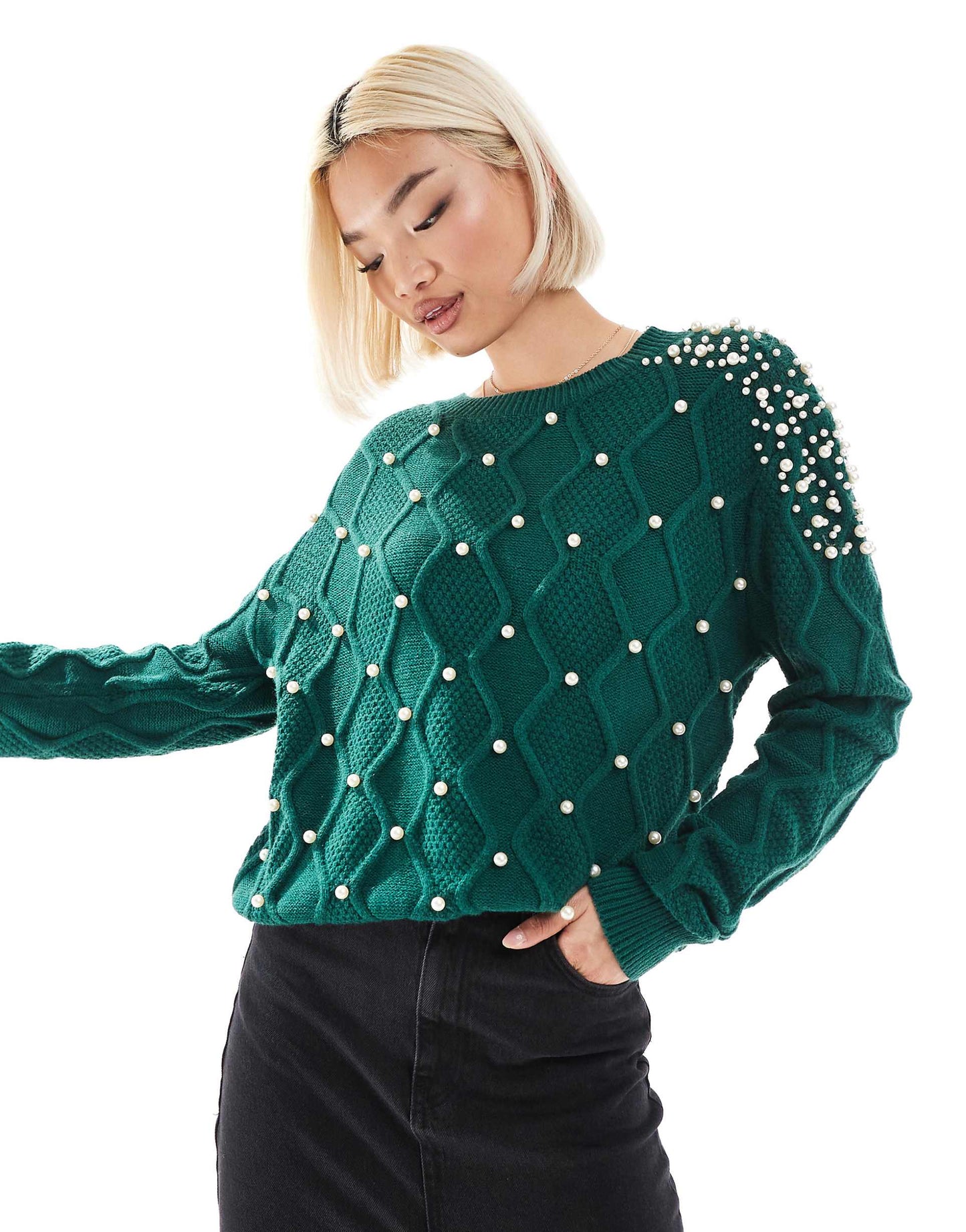 Pearl Embellished Cable Knit Jumper