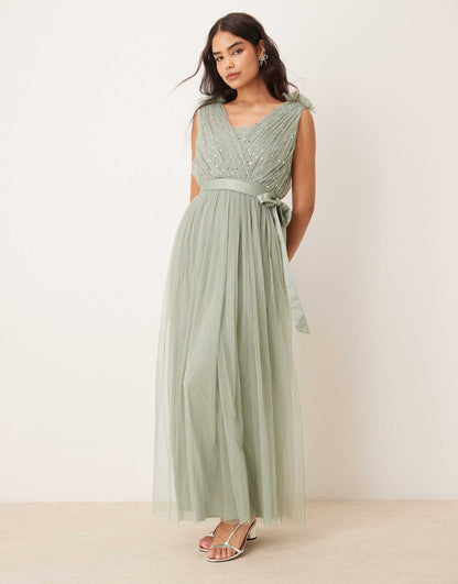 Embellished Ruffle Shoulder Maxi Bridesmaid Dress