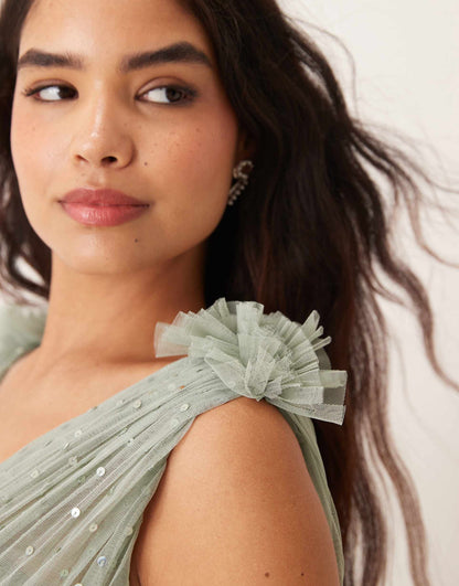 Embellished Ruffle Shoulder Maxi Bridesmaid Dress