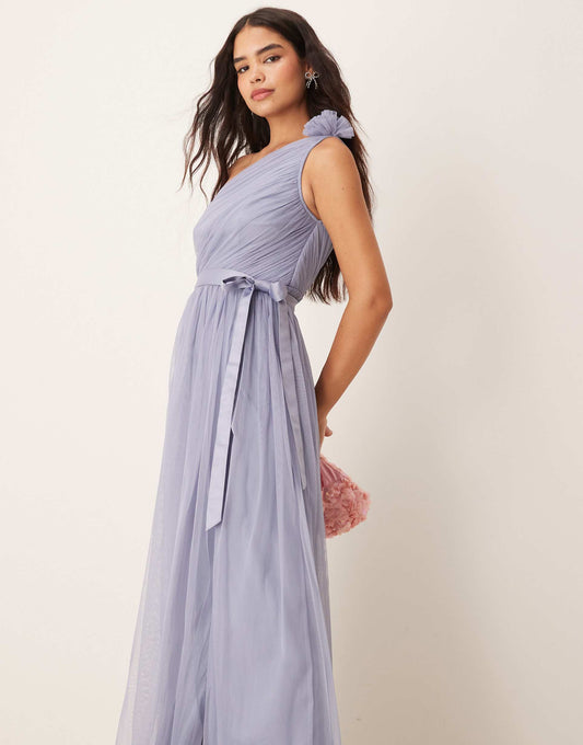 One Ruffle Shoulder Bridesmaid Maxi Dress