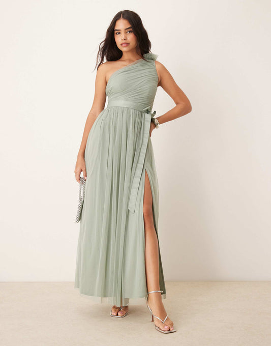 One Ruffle Shoulder Bridesmaid Maxi Dress