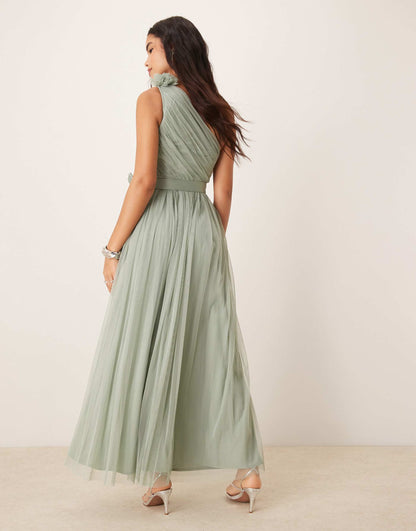 One Ruffle Shoulder Bridesmaid Maxi Dress