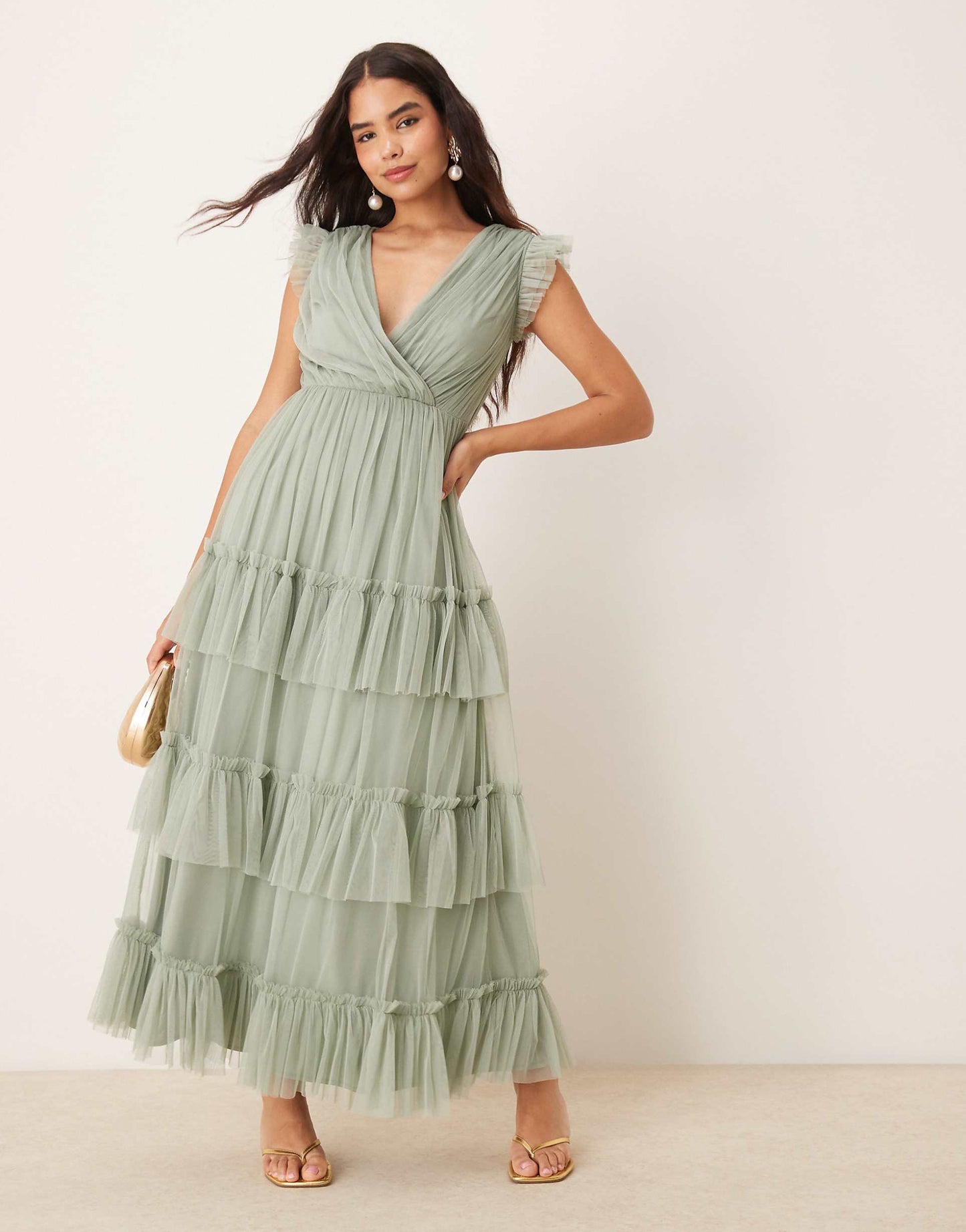 Short Sleeve V Neck Tiered Bridesmaid Maxi Dress