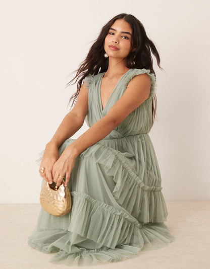 Short Sleeve V Neck Tiered Bridesmaid Maxi Dress