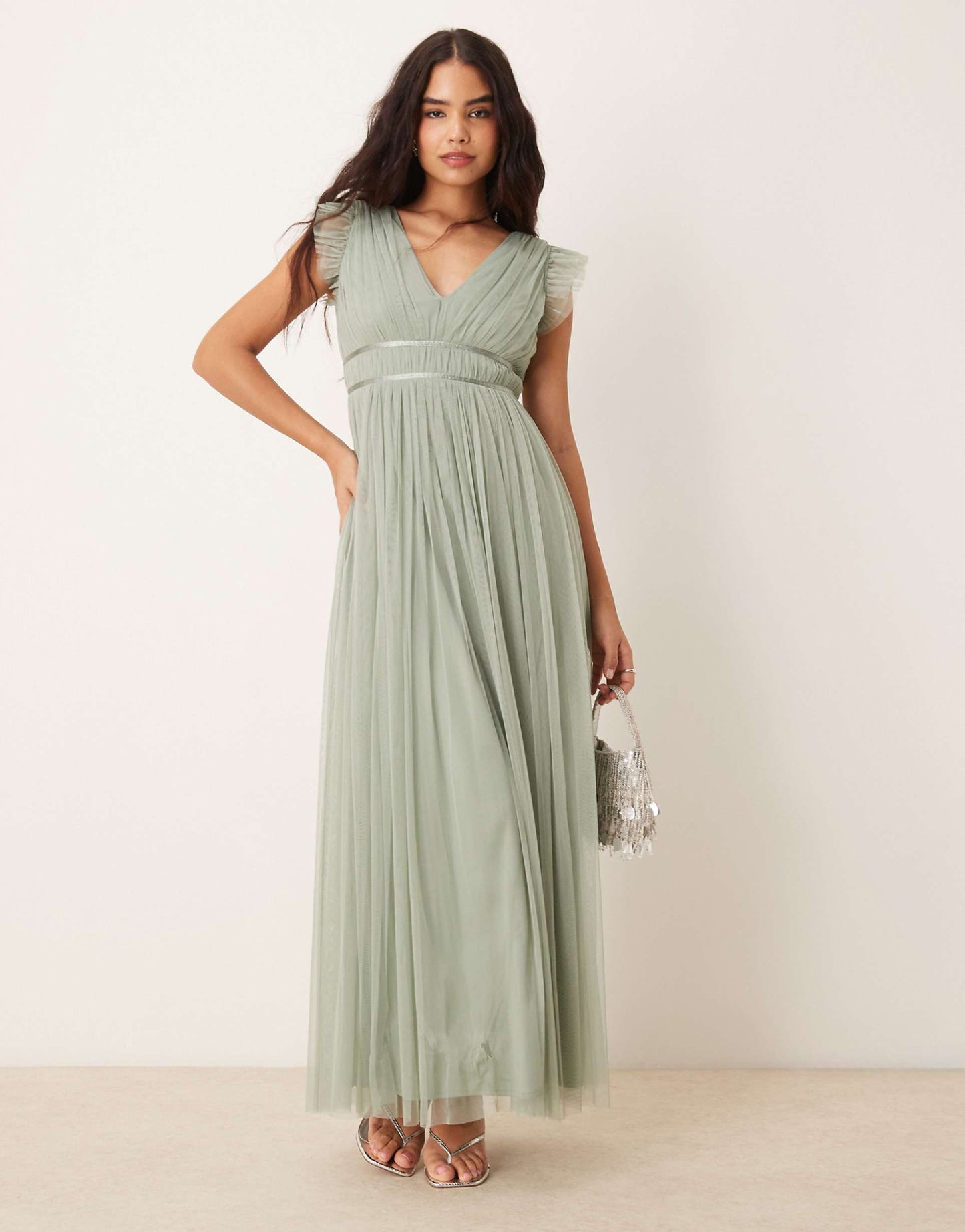 V Neck Flutter Sleeve Bridesmaid Maxi Dress