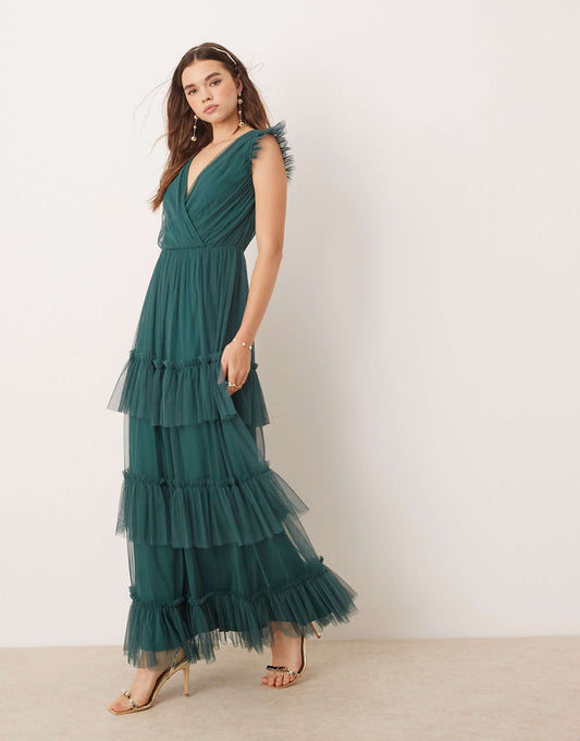 Short Sleeve V Neck Tiered Bridesmaid Maxi Dress