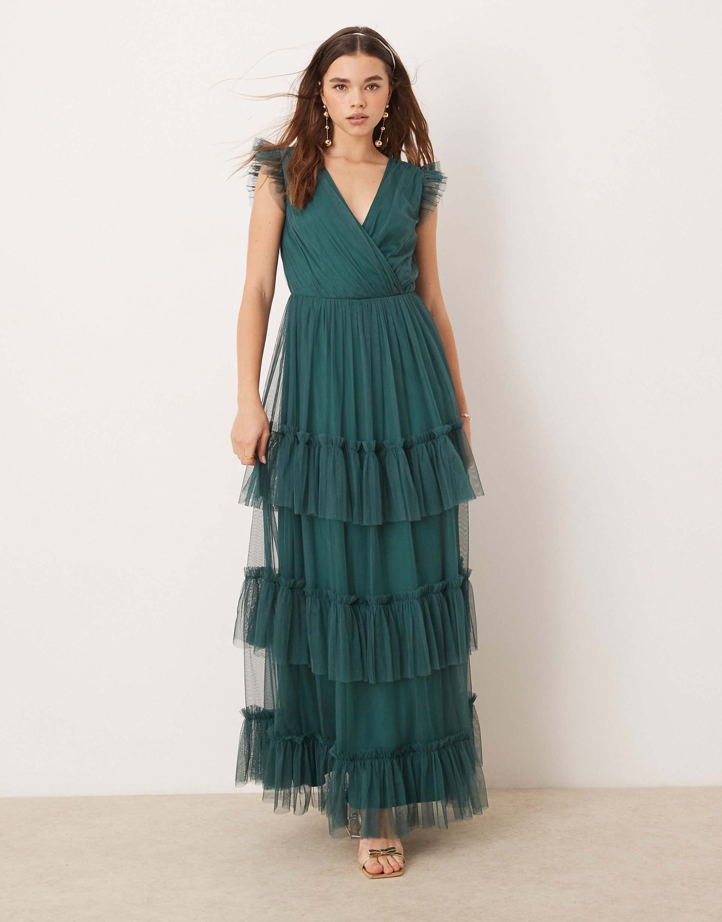 Short Sleeve V Neck Tiered Bridesmaid Maxi Dress