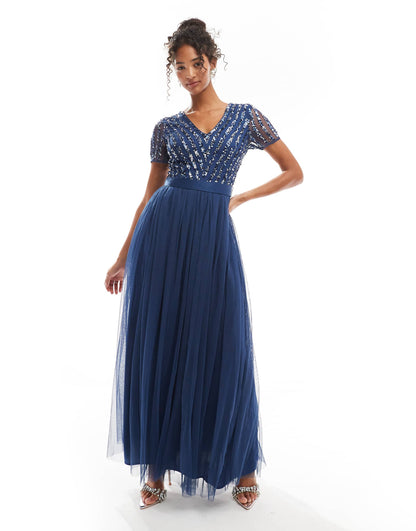 Belted Stripe Embellished Bridesmaid Maxi Dress