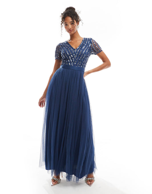 Belted Stripe Embellished Bridesmaid Maxi Dress