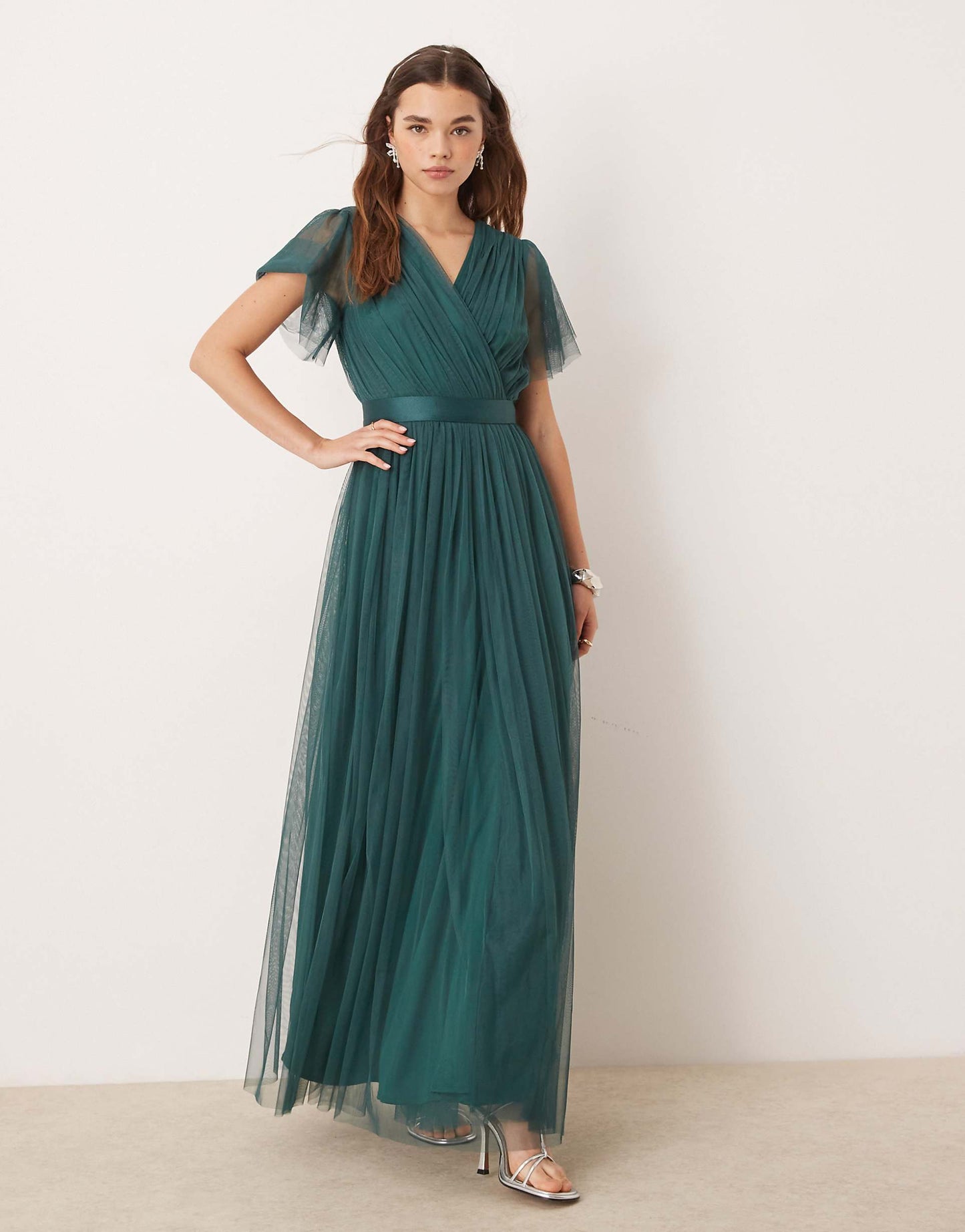 Faux Wrap Short Sleeve Bridesmaid Maxi Dress