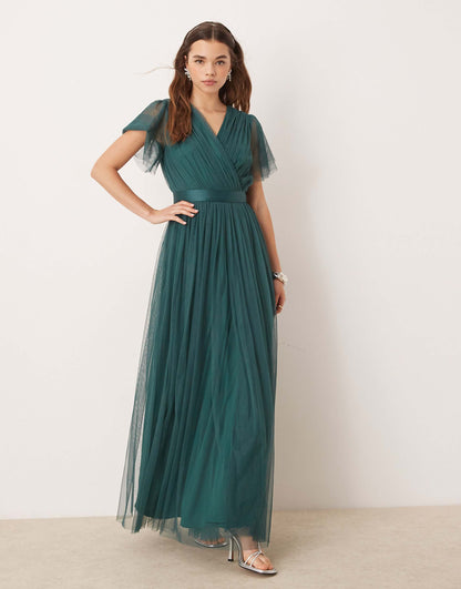 Faux Wrap Short Sleeve Bridesmaid Maxi Dress