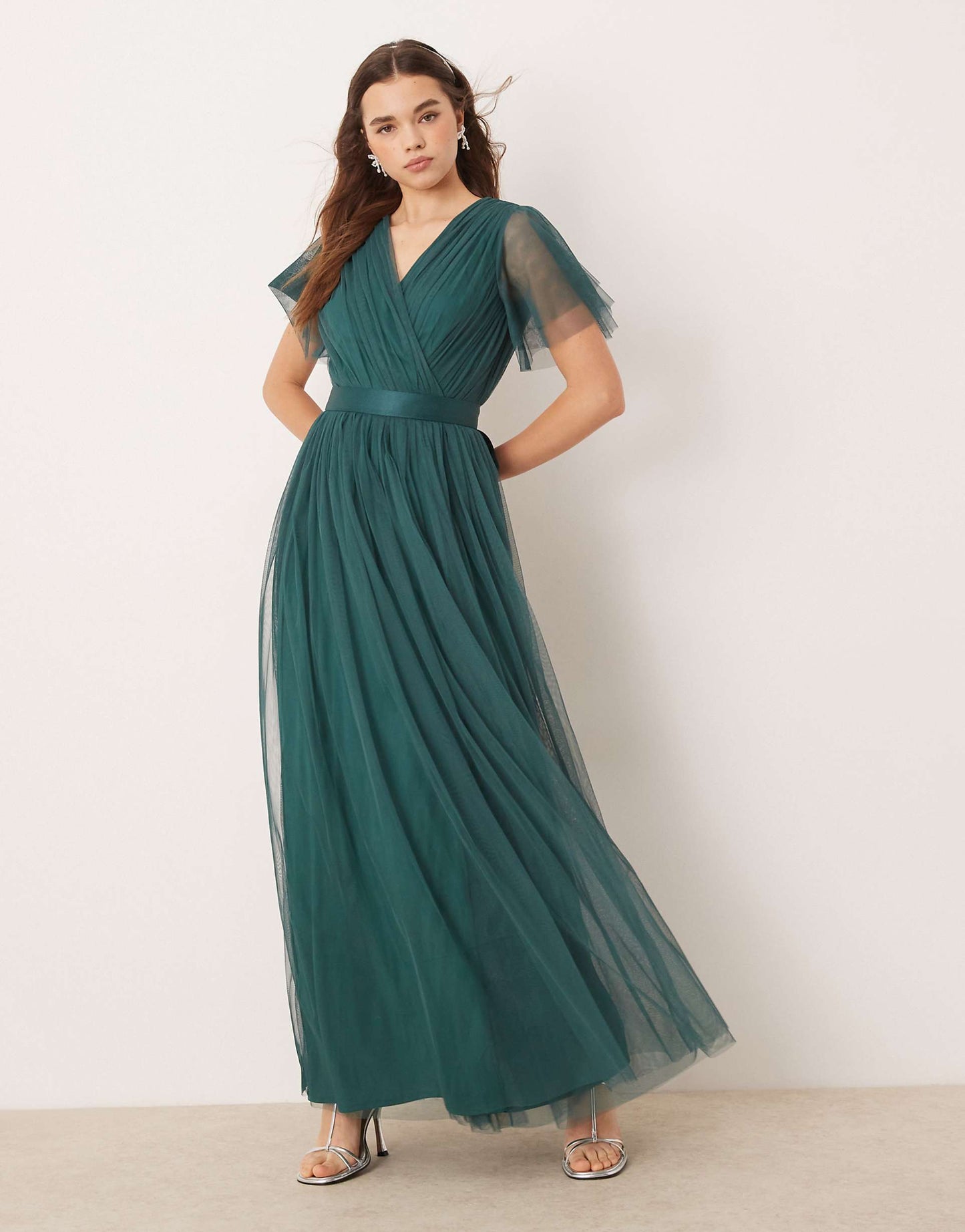 Faux Wrap Short Sleeve Bridesmaid Maxi Dress