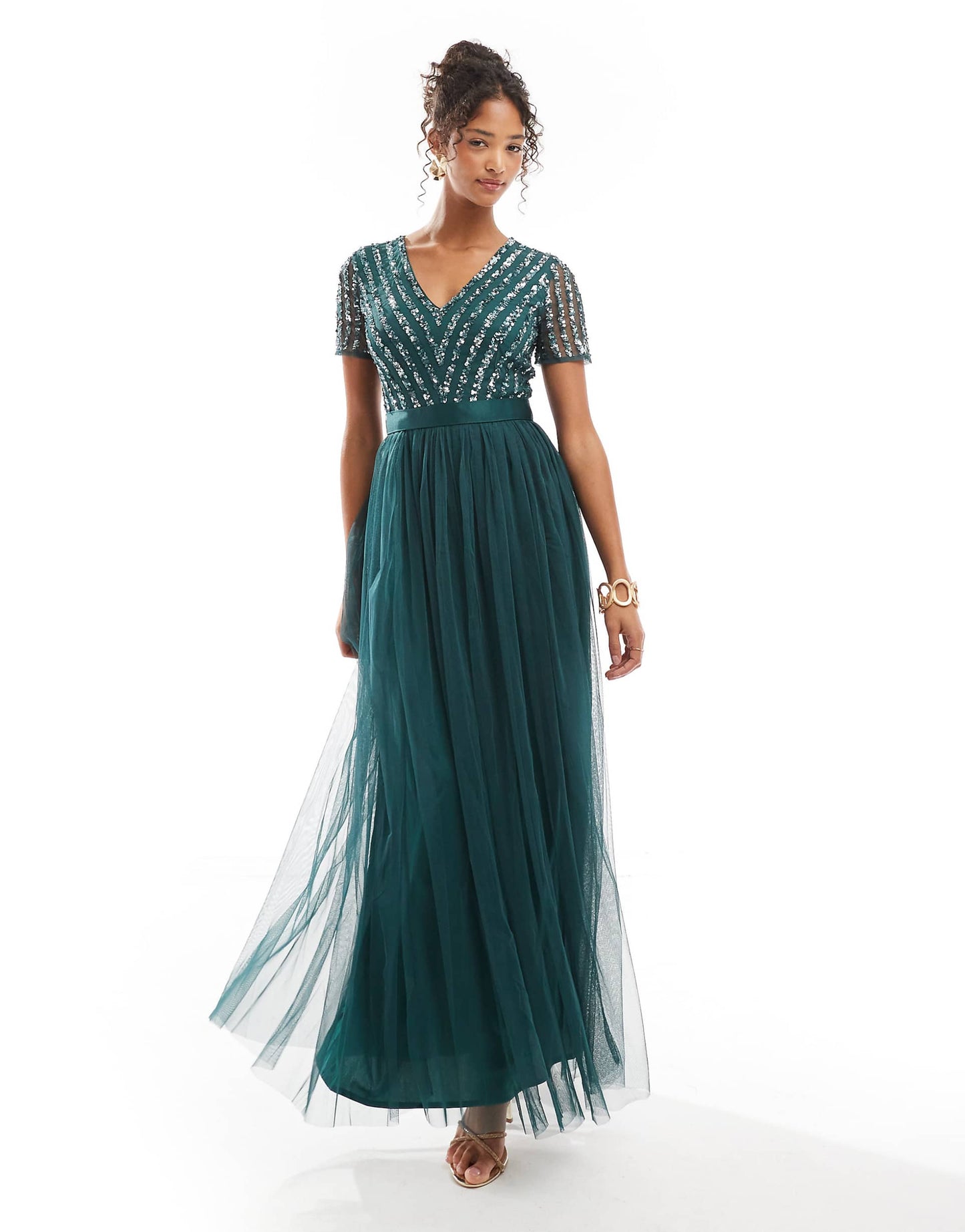 Belted Stripe Embellished Bridesmaid Maxi Dress