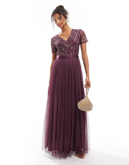 Belted Stripe Embellished Bridesmaid Maxi Dress