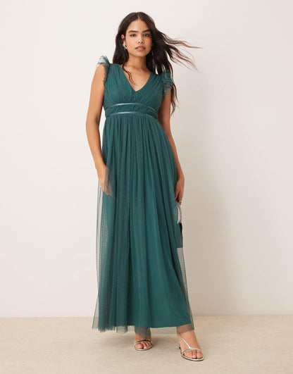 V Neck Flutter Sleeve Bridesmaid Maxi Dress