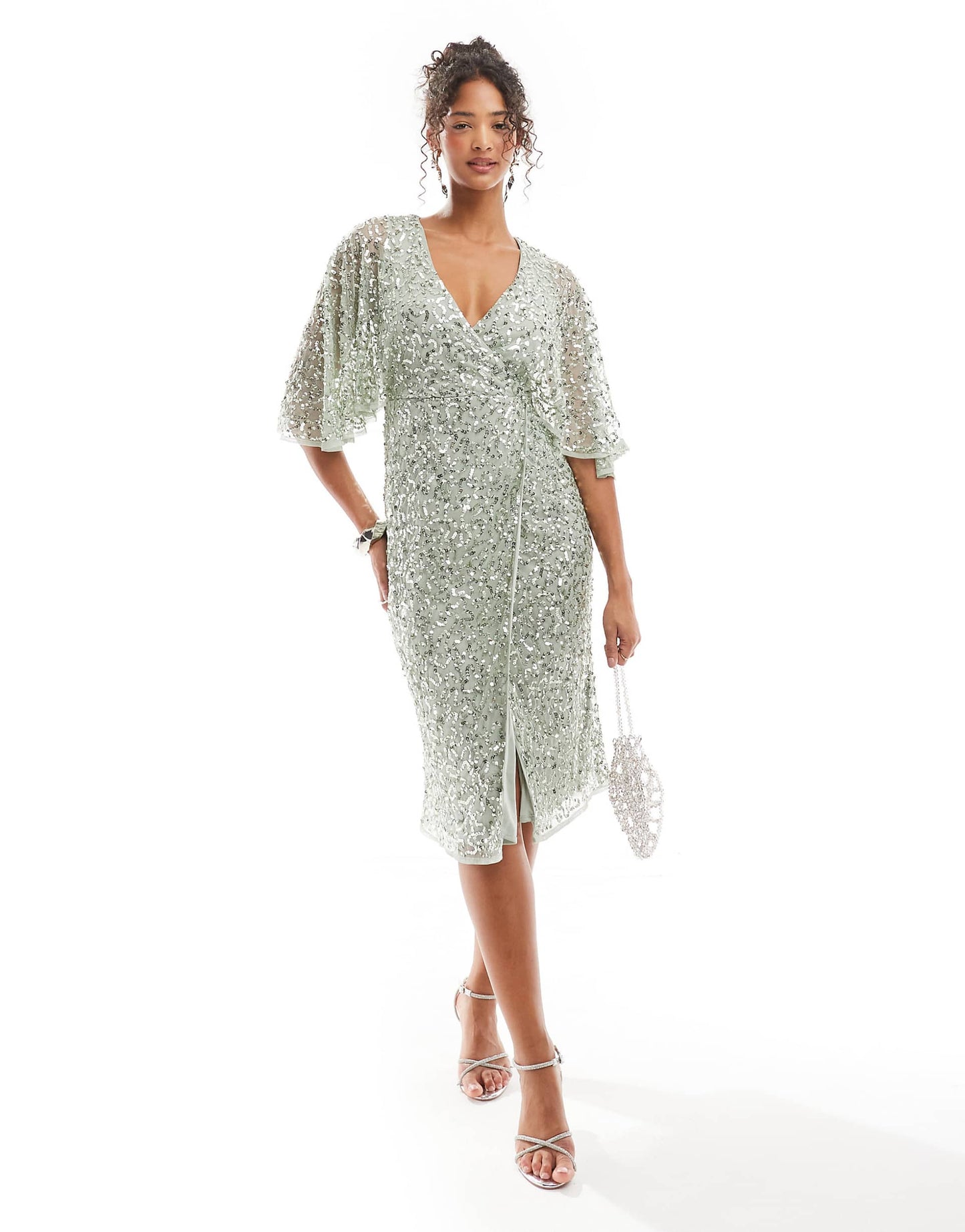 Fully Embellished Faux Wrap Midi Dress