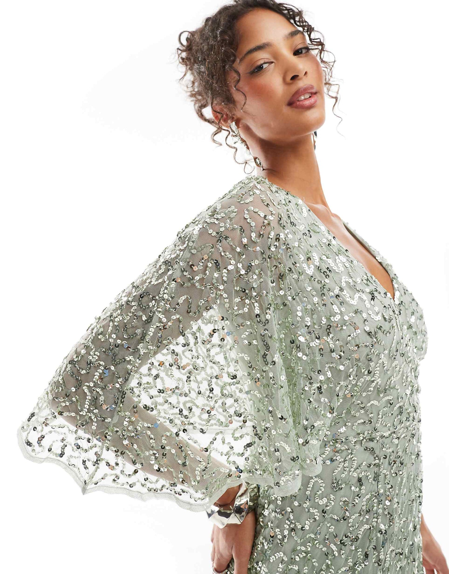 Fully Embellished Faux Wrap Midi Dress
