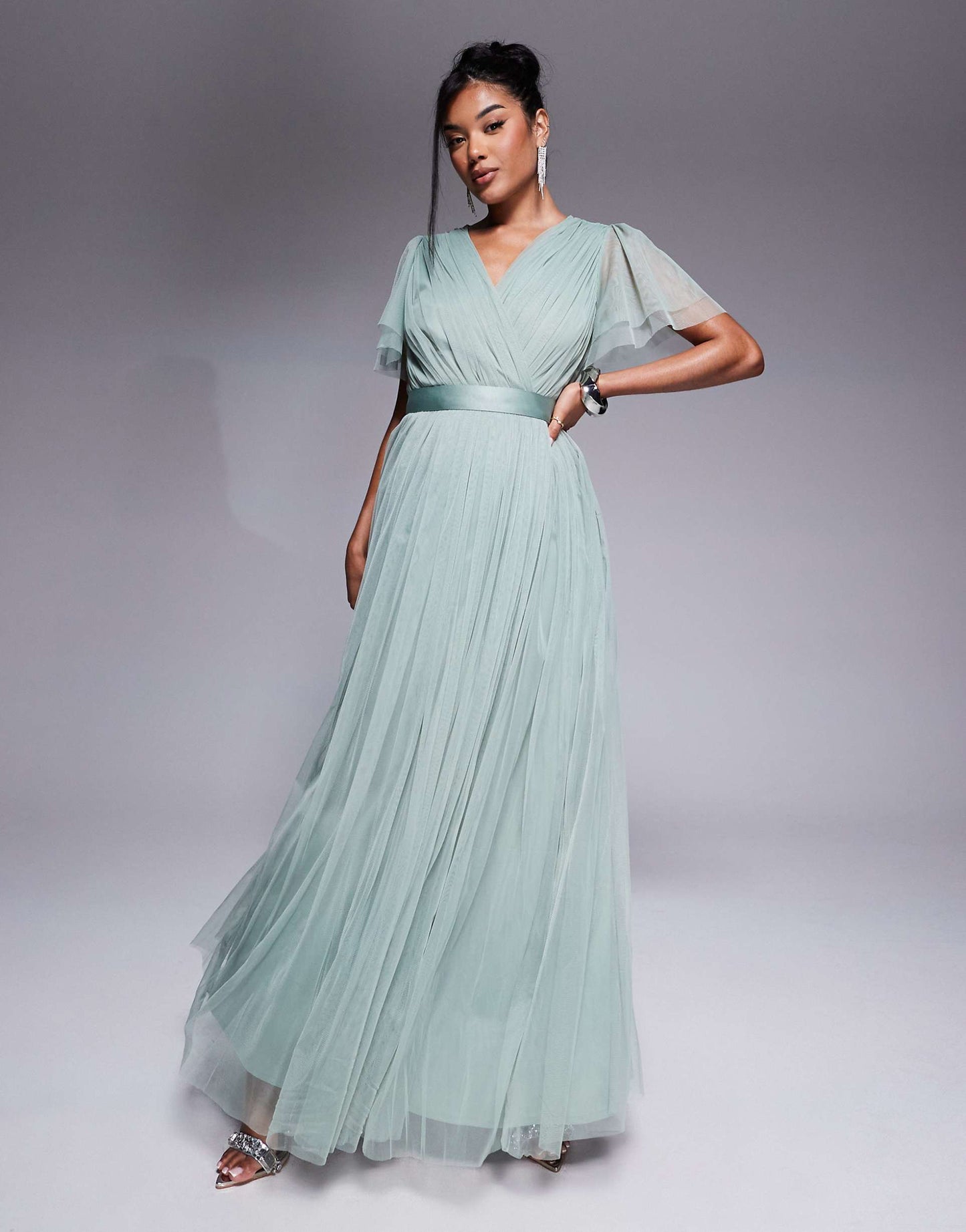 Faux Wrap Short Sleeve Bridesmaid Maxi Dress