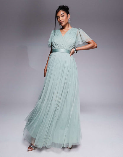 Faux Wrap Short Sleeve Bridesmaid Maxi Dress