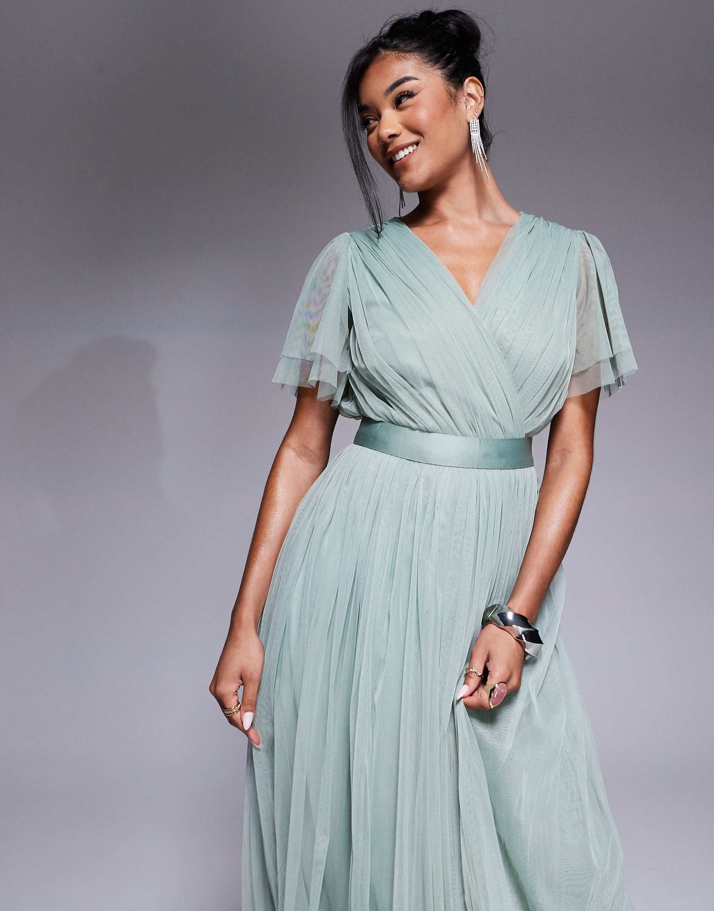 Faux Wrap Short Sleeve Bridesmaid Maxi Dress