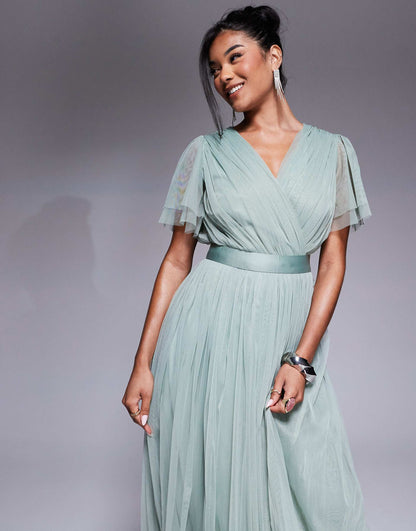 Faux Wrap Short Sleeve Bridesmaid Maxi Dress