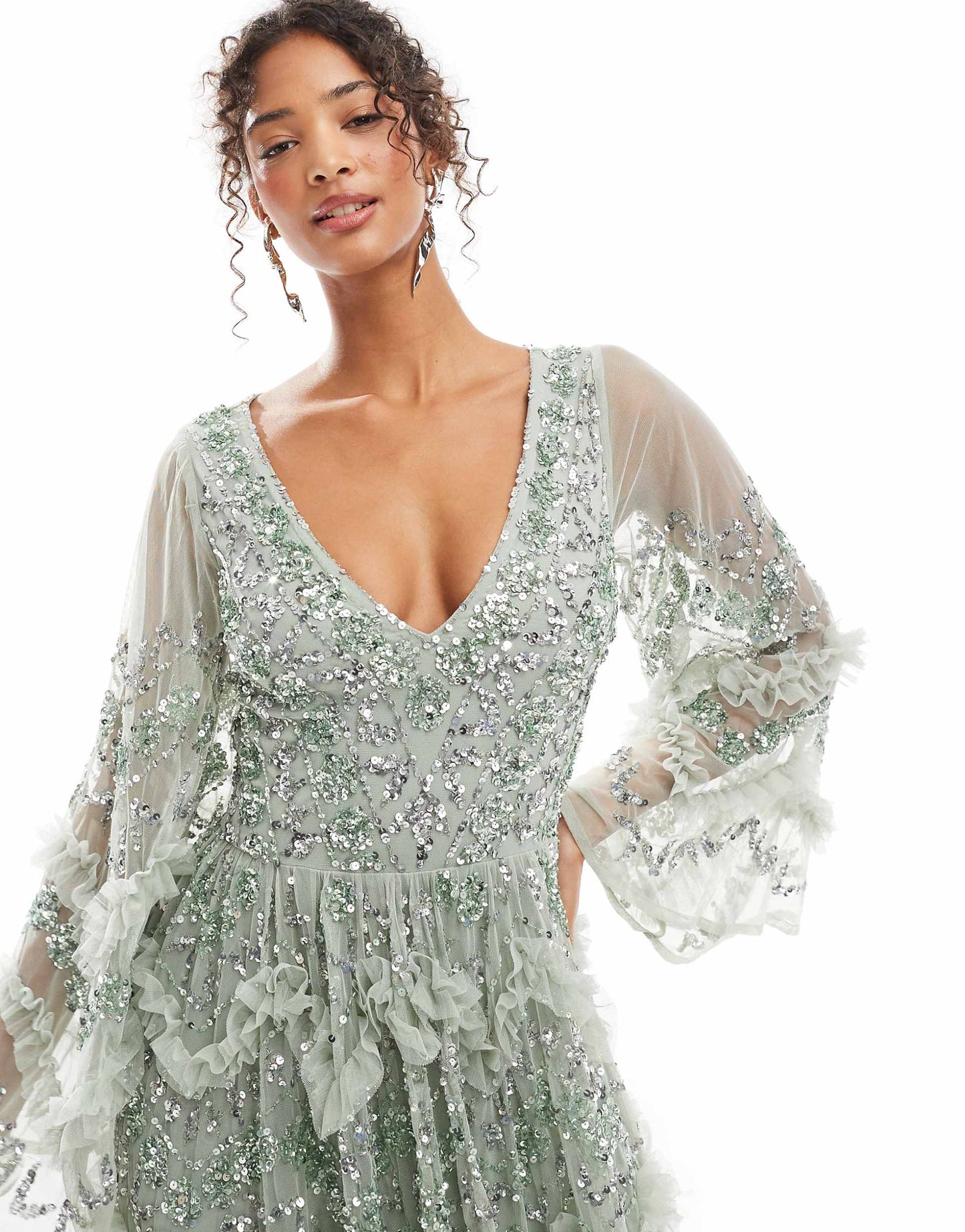 Fully Embellished Maxi Dress With Frill Detail