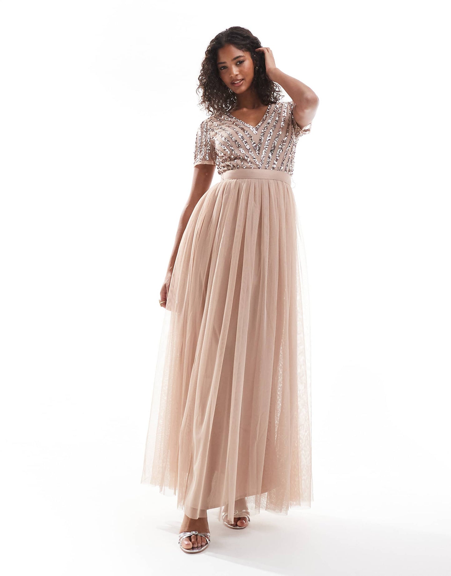 Belted Stripe Embellished Bridesmaid Maxi Dress