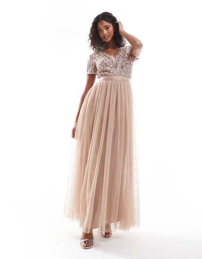 Belted Stripe Embellished Bridesmaid Maxi Dress