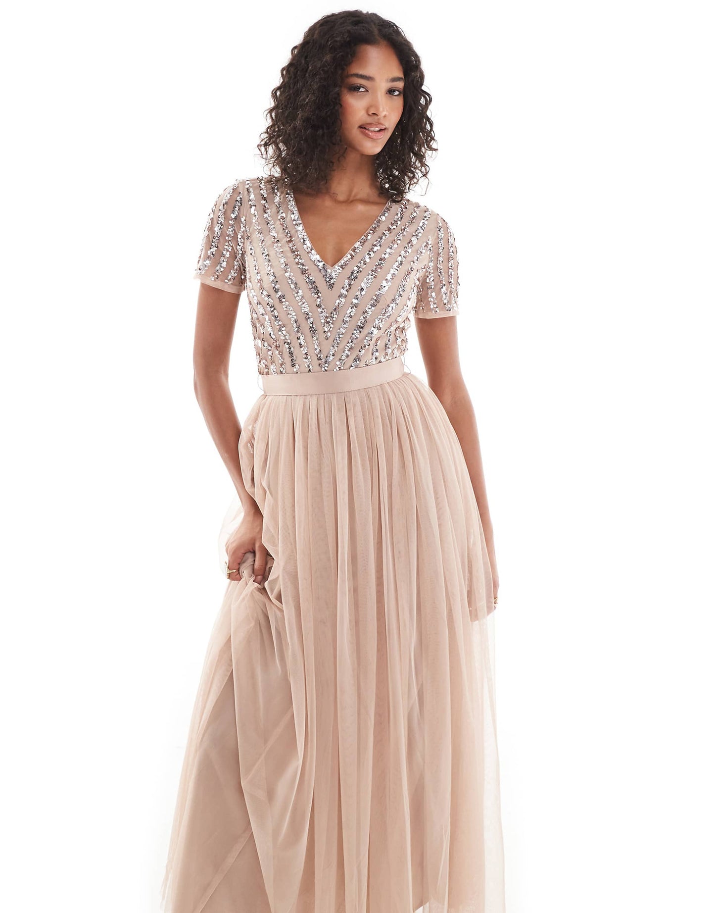 Belted Stripe Embellished Bridesmaid Maxi Dress